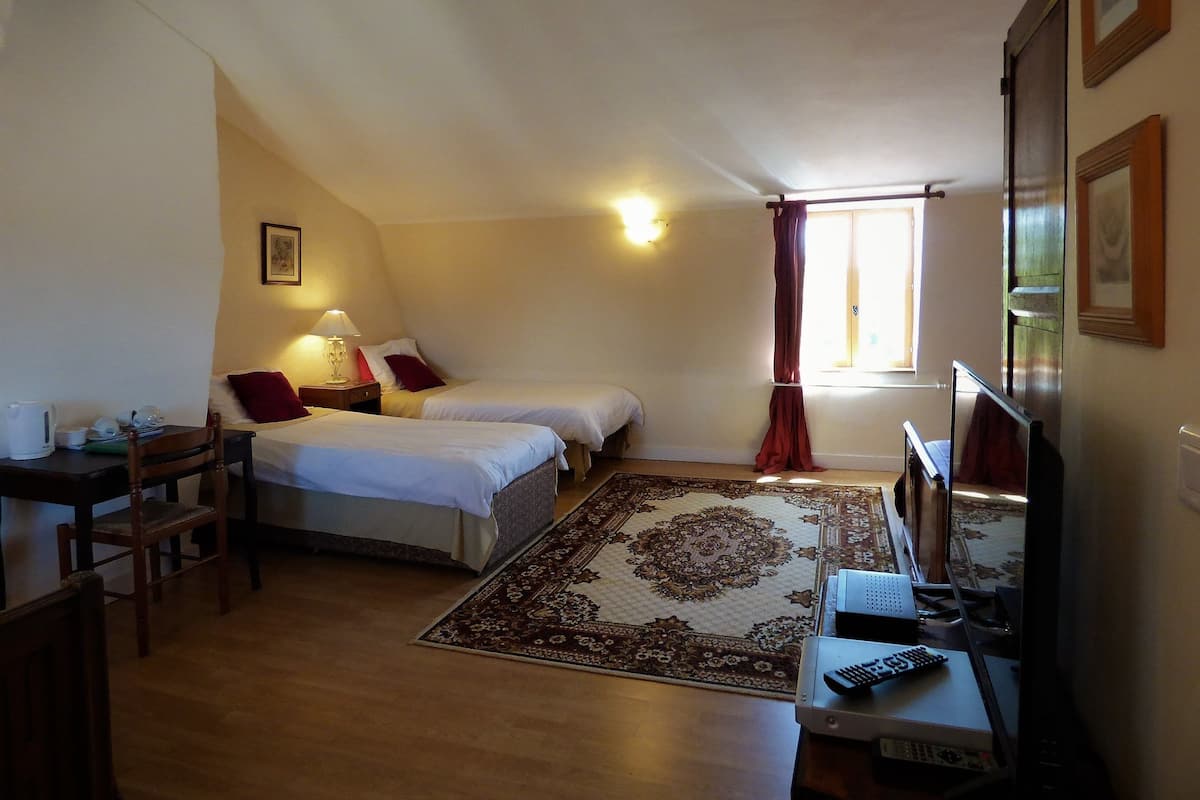 A hotel room with two beds, a desk with a chair, a TV, and a large rug.