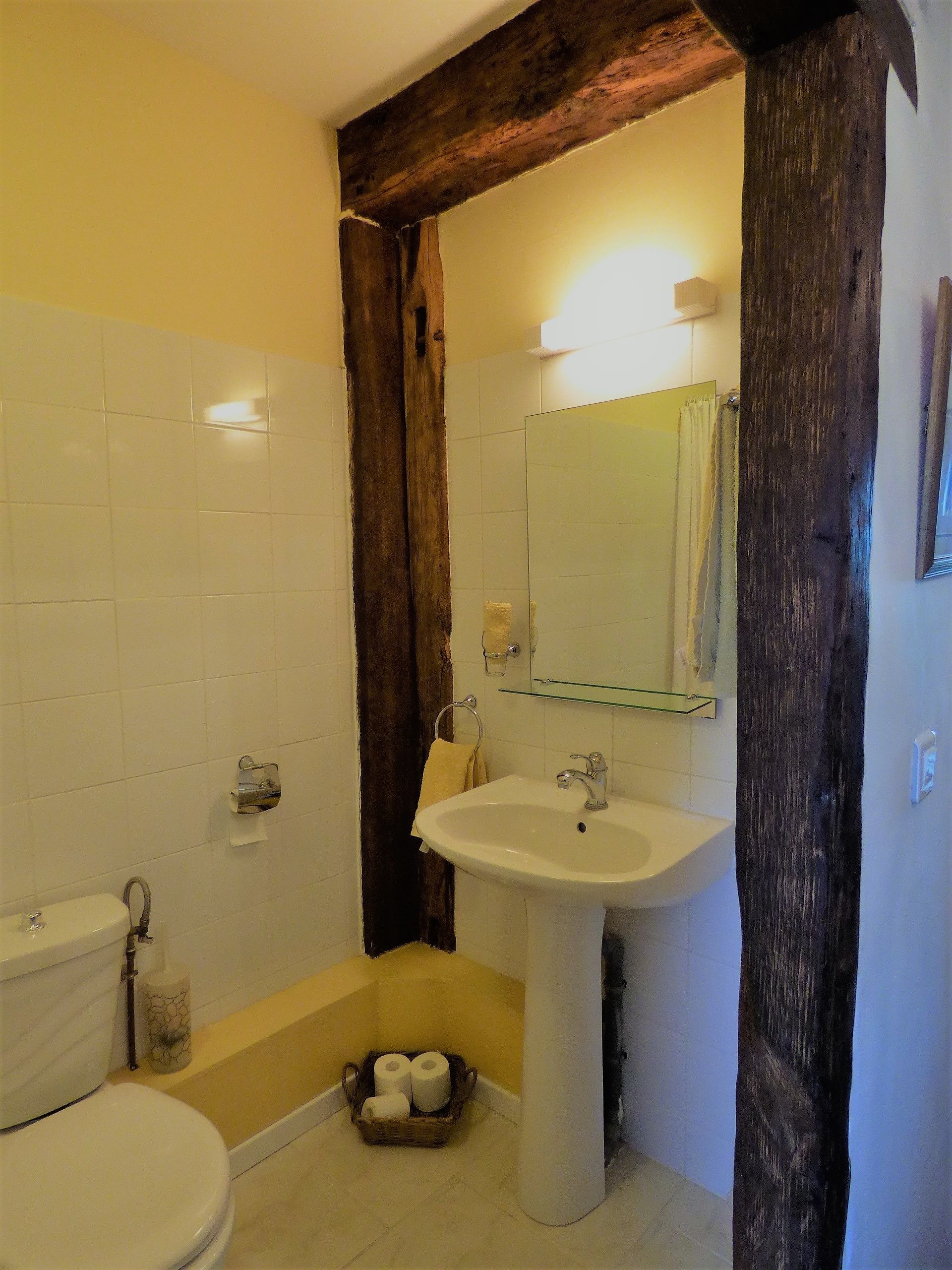Une salle de bain avec des toilettes, un lavabo et une baignoire.