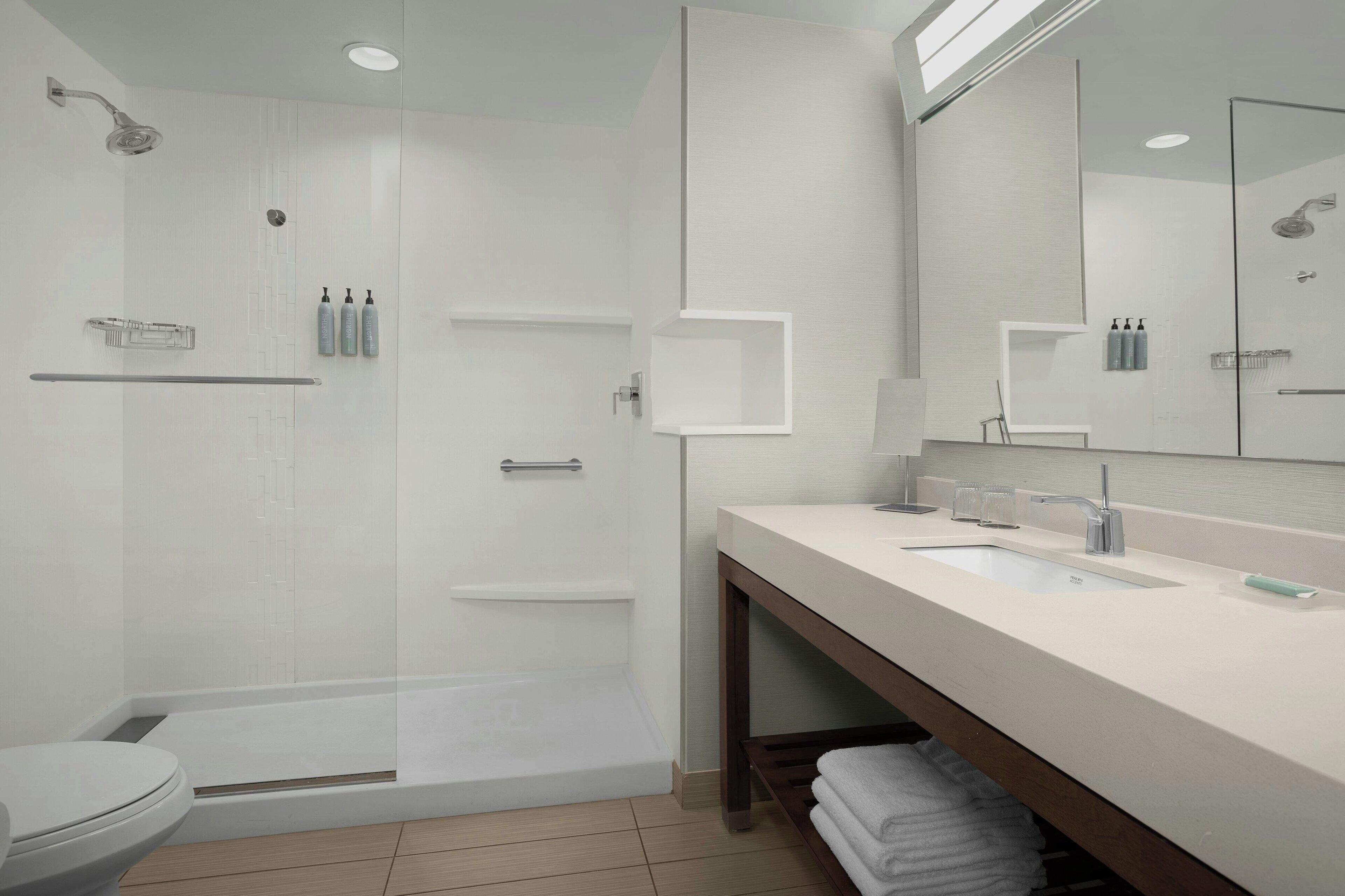 shower, free toiletries, towels, soap