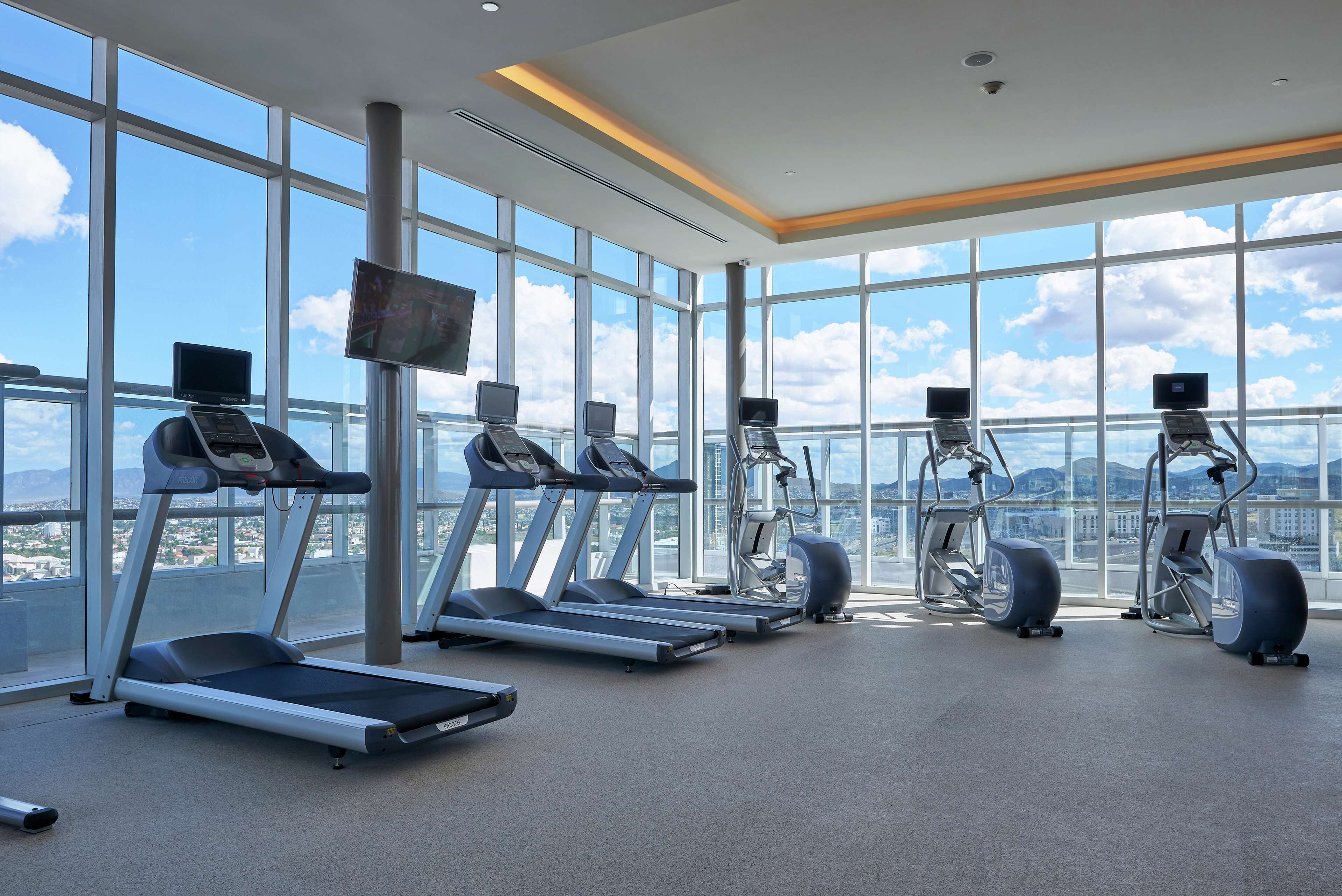 A gym with treadmills and elliptical machines, large windows, and a city view.