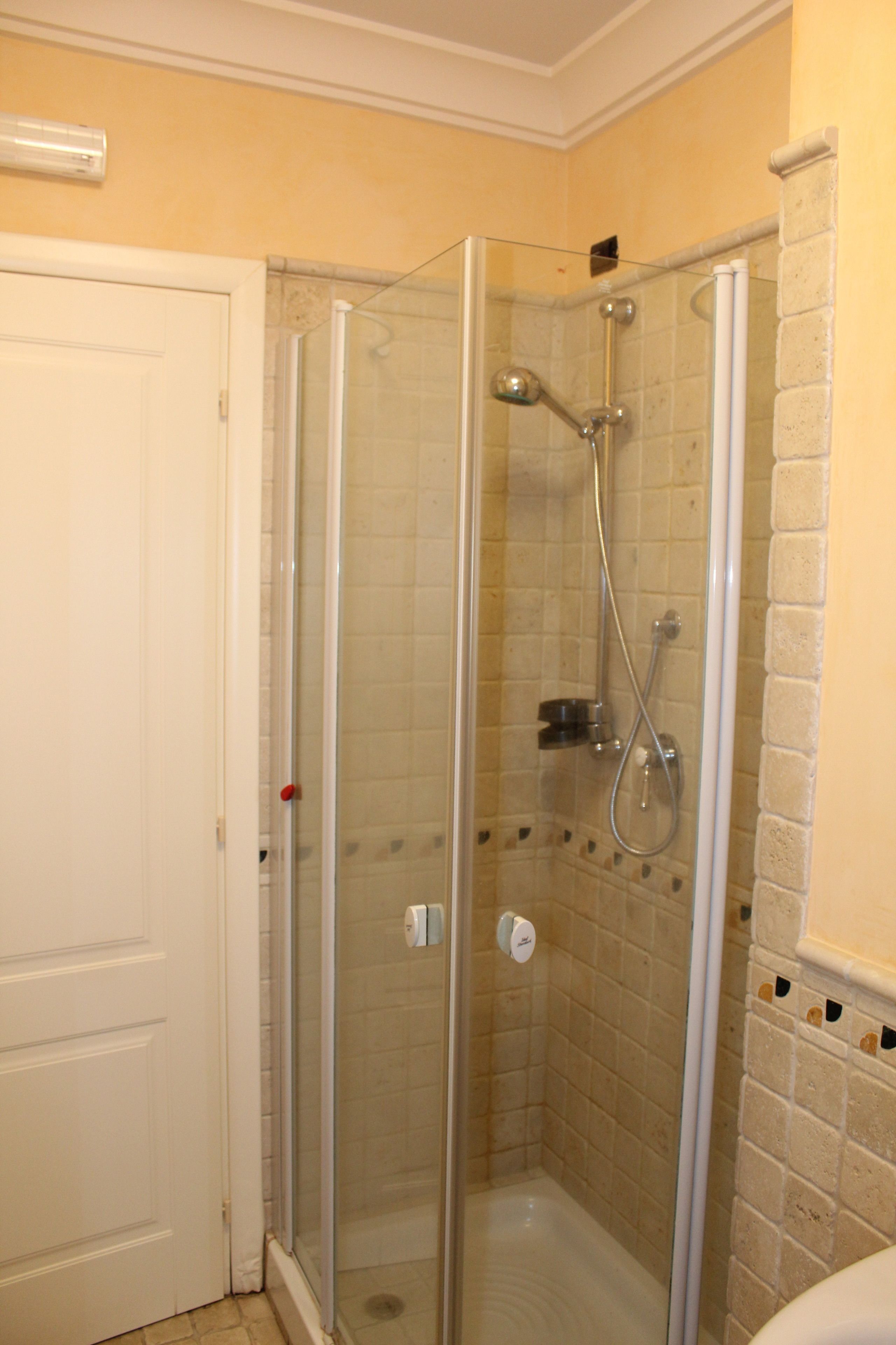 A glass-enclosed shower with a tiled wall and a white door.