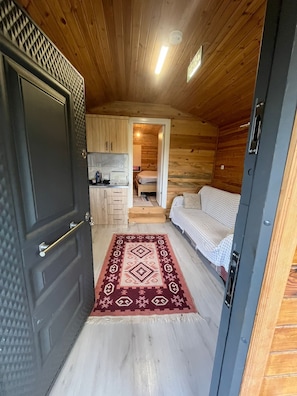 Une pièce de taille modeste comprenant un lit, une petite kitchenette et une porte donnant sur une autre pièce.