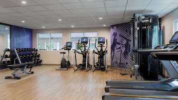 A gym with treadmills, elliptical machines, and a weight bench.
