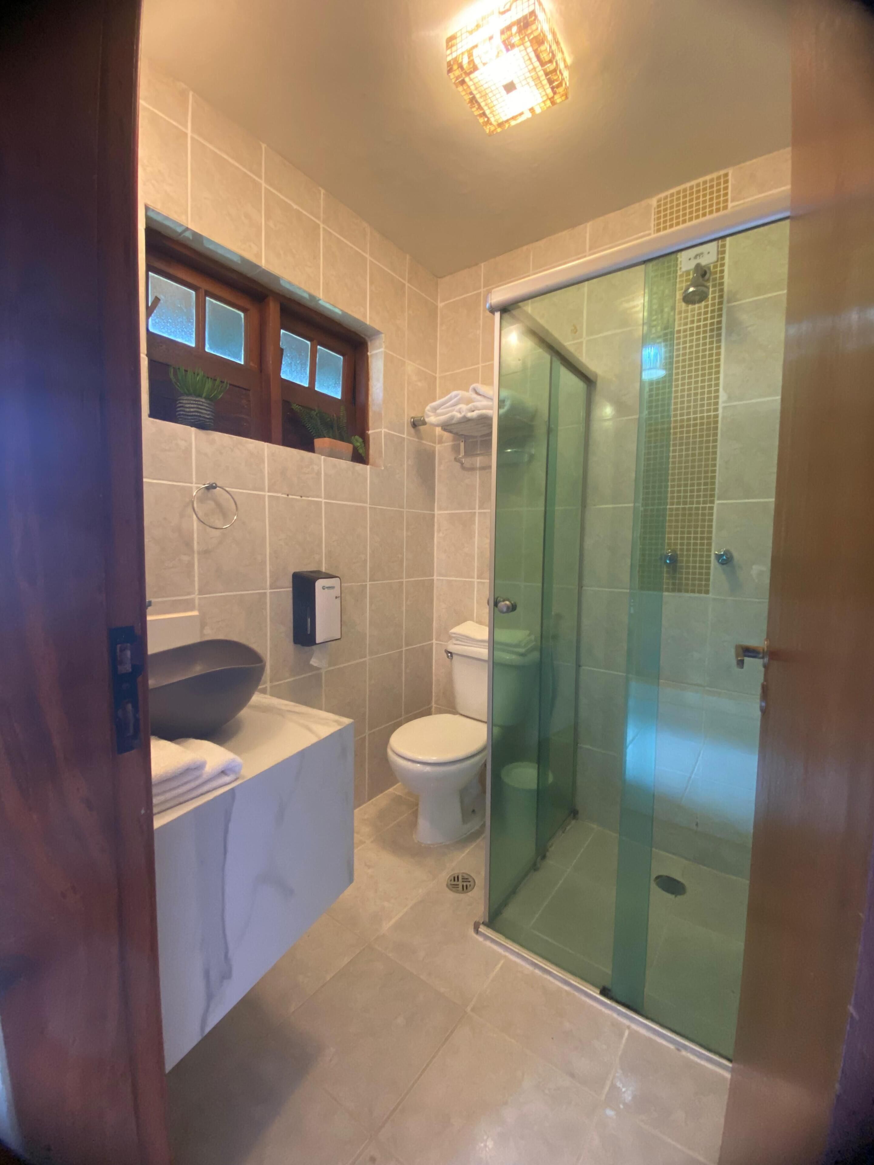 A modern bathroom with a glass-enclosed shower, a large sink with a bowl, and a toilet.