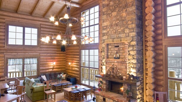 A spacious log cabin interior with a stone fireplace, wooden furniture, and large windows.