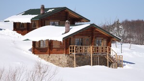 A log cabin with a stone foundation, wooden exterior, and a green roof, surrounded by snow.