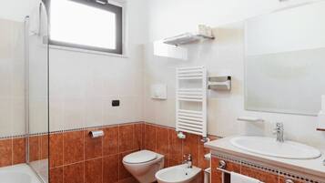 A modern bathroom with a glass shower enclosure, a toilet, a bidet, and a sink with a large mirror.