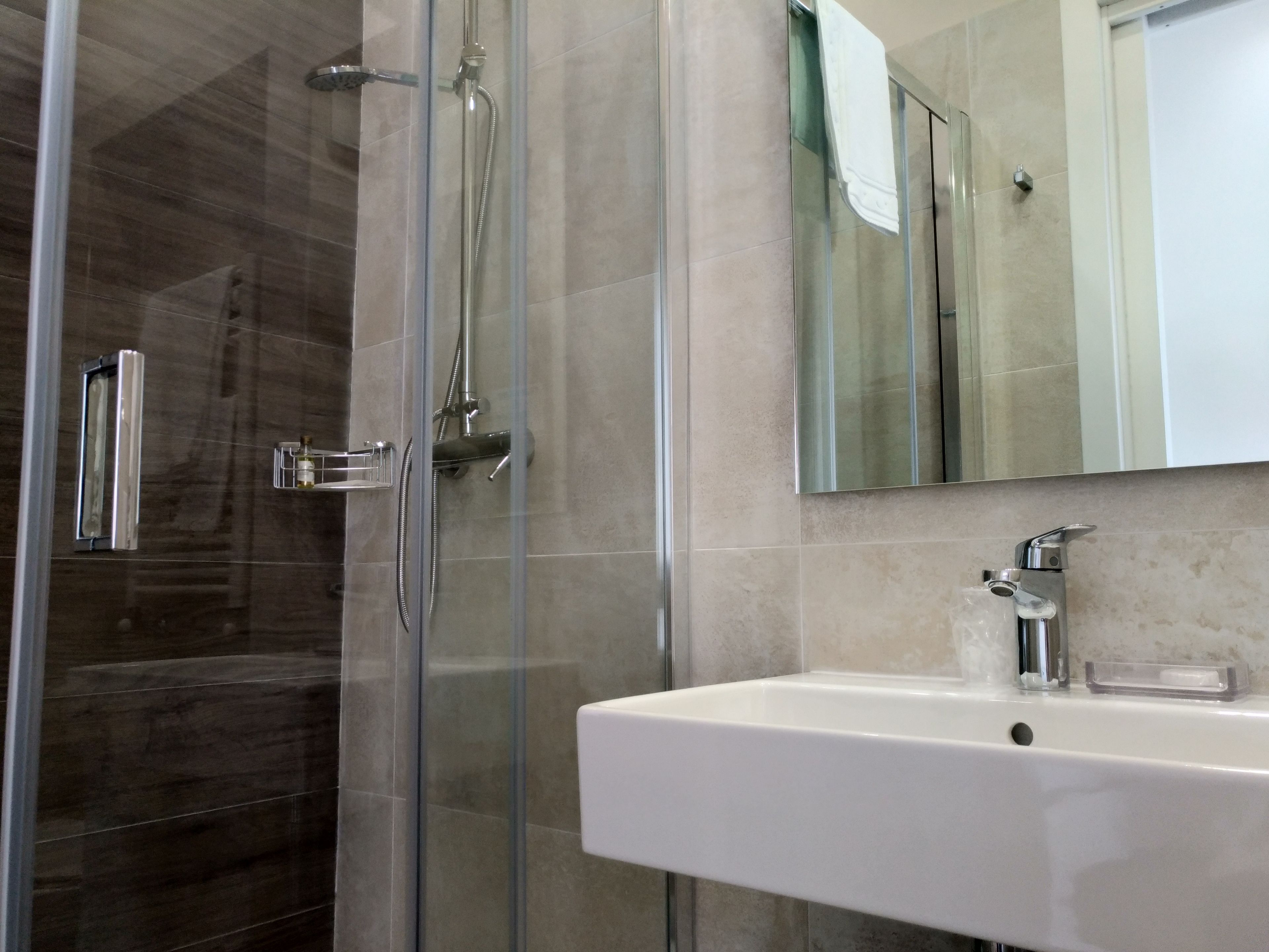 A modern bathroom with a glass shower enclosure, a white sink, and a large mirror above the sink.