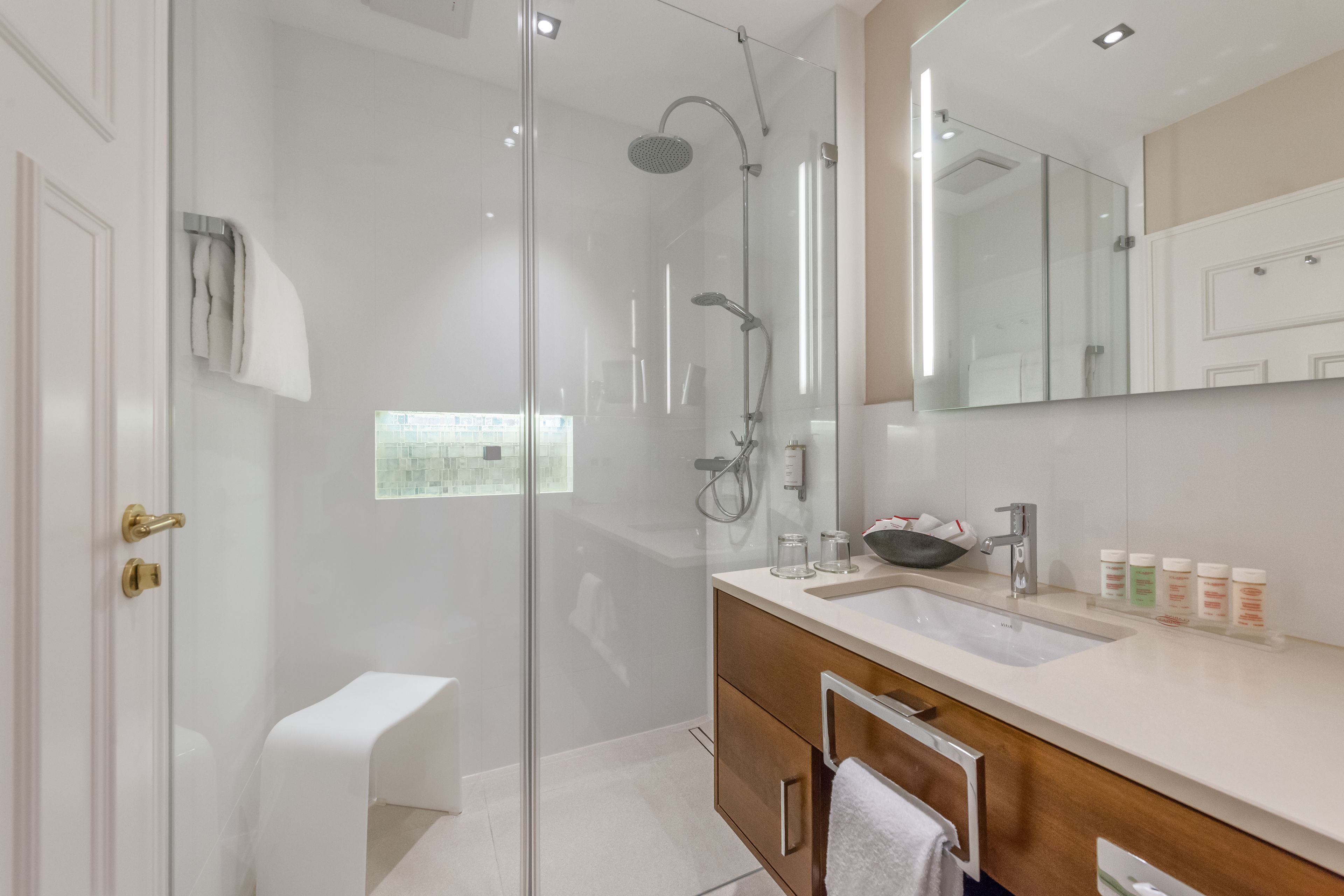 rainfall showerhead, free toiletries, hair dryer, dressing gowns