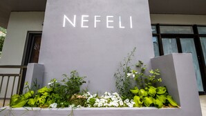 A building facade with the name "NEFELI" in large letters. - Nefeli (Lefkada)