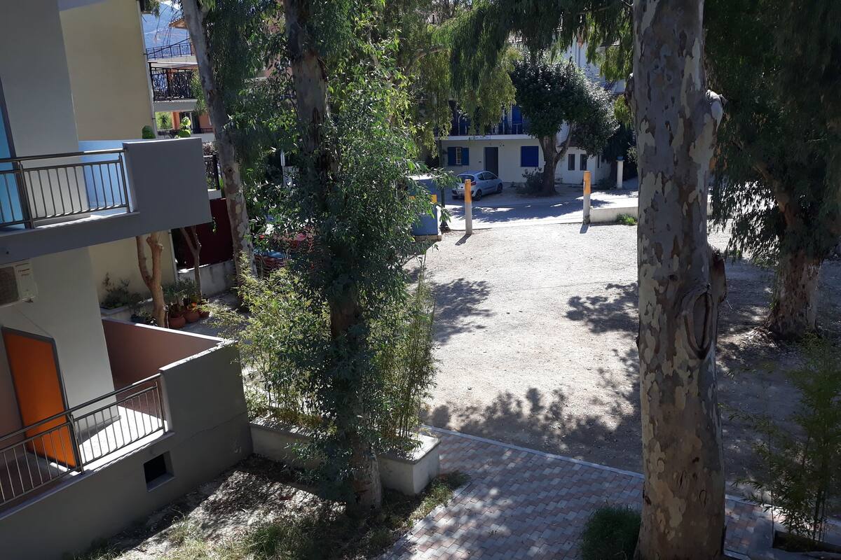 Un patio con un sendero empedrado, árboles y un edificio con balcones.