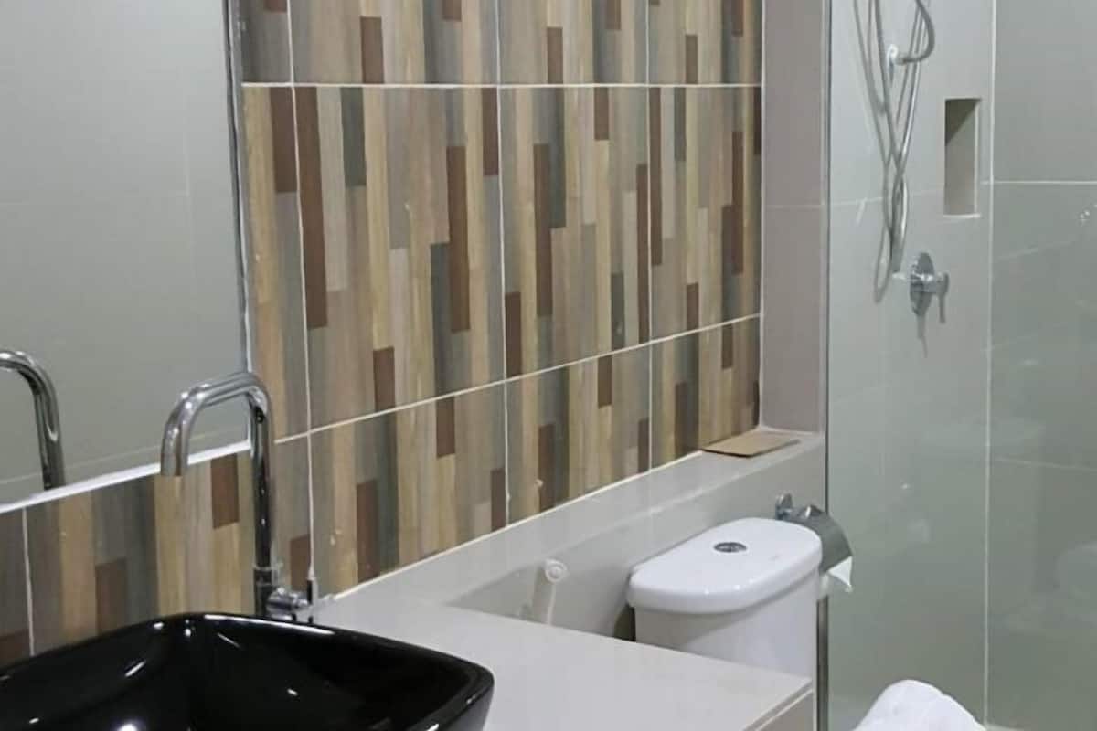 Shower, free toiletries, hair dryer, towels