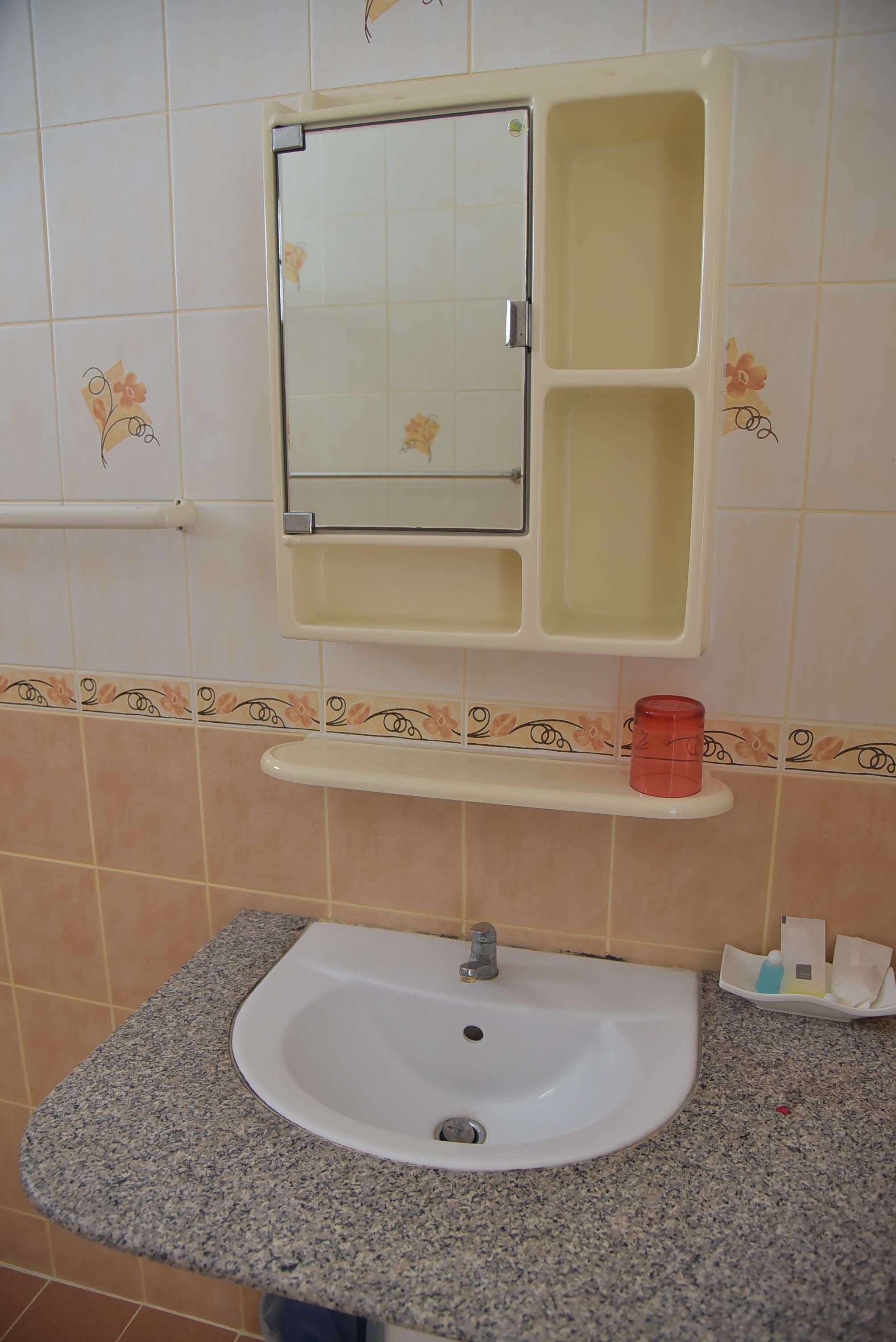 A bathroom with a sink, mirror, and a shelf with toiletries.