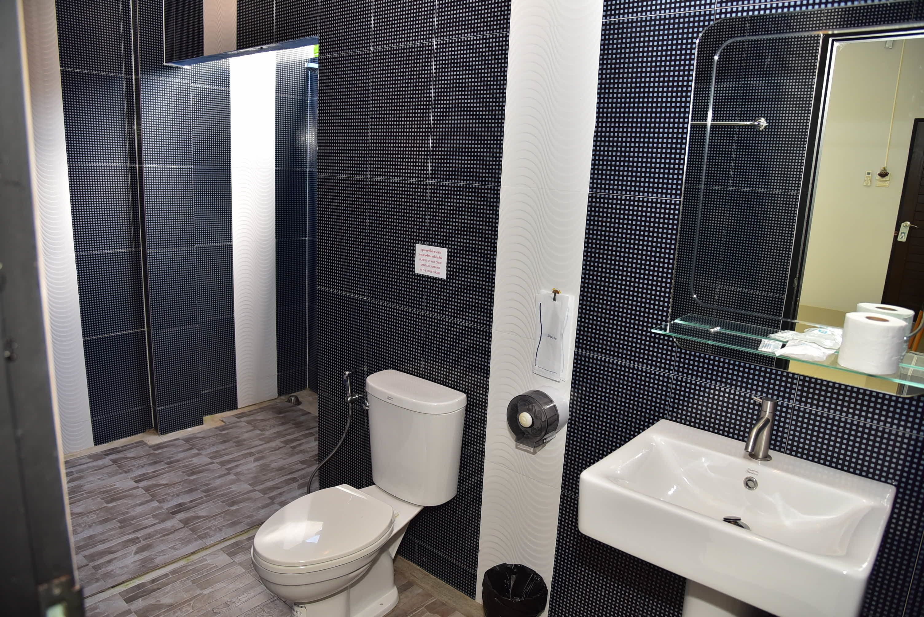 A bathroom with a toilet, sink, and shower area.