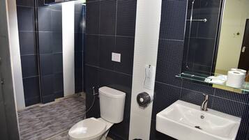 Ein Badezimmer mit Toilette, Waschbecken und Duschbereich.