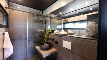 A modern bathroom with a glass shower enclosure, a vessel sink, and a large mirror.