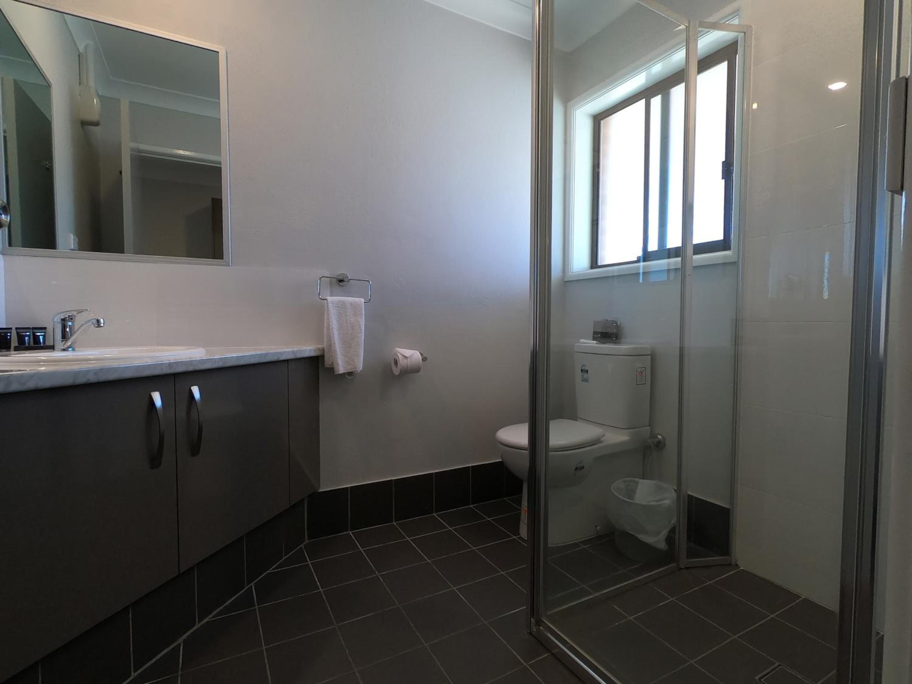 A modern bathroom with a glass shower enclosure, a toilet, and a sink with a mirror above.