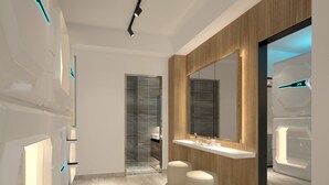 Een moderne badkamer met een grote spiegel, houten lambrisering en een witte wastafel.