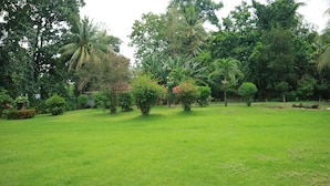 A lush green lawn with various trees and shrubs, including palm trees and flowering plants. - Cabua-an Beach Resort - Hostel (Mambajao)