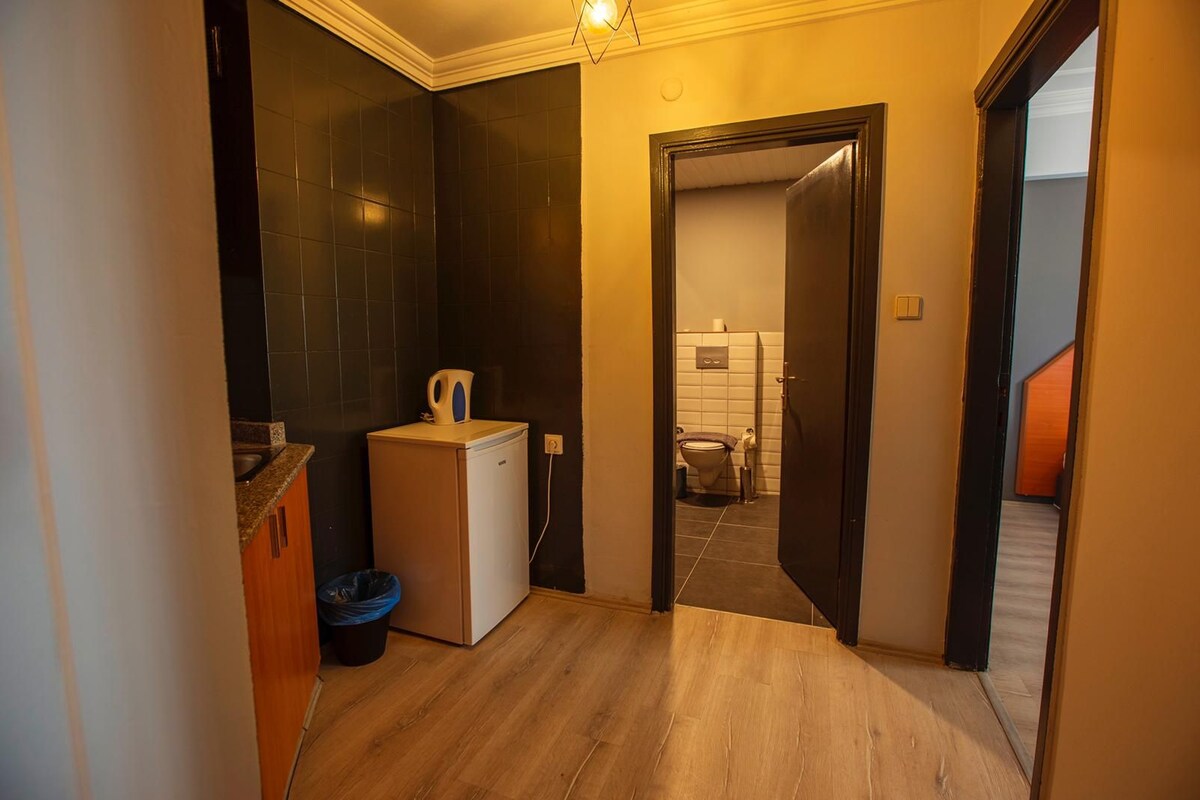 A compact kitchen with a refrigerator, a sink, and a trash bin.
