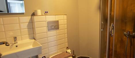 Un bagno con lavandino, WC e doccia.