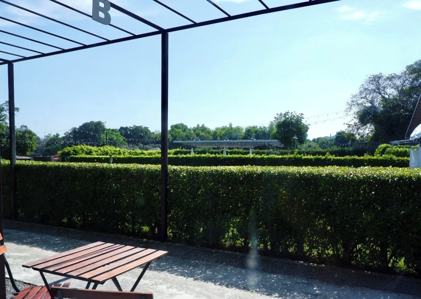 A covered outdoor area with a wooden bench, a hedge, and a view of a park with neatly trimmed bushes and trees.