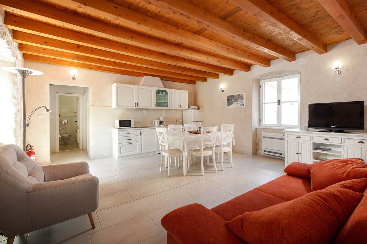 A spacious living area with a wooden ceiling, a dining table with chairs, a sofa, a TV, and a kitchen in the background.