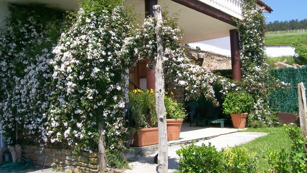 A house with a covered porch, potted plants, and a stone wall. - Agroturismo Kasa Barri (Bermeo)
