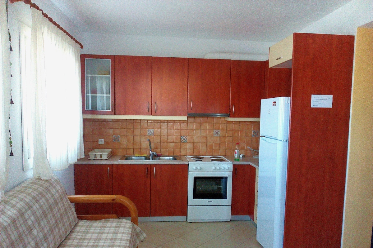 Une cuisine de taille réduite, avec des meubles de rangement en bois, une cuisinière blanche et un réfrigérateur.