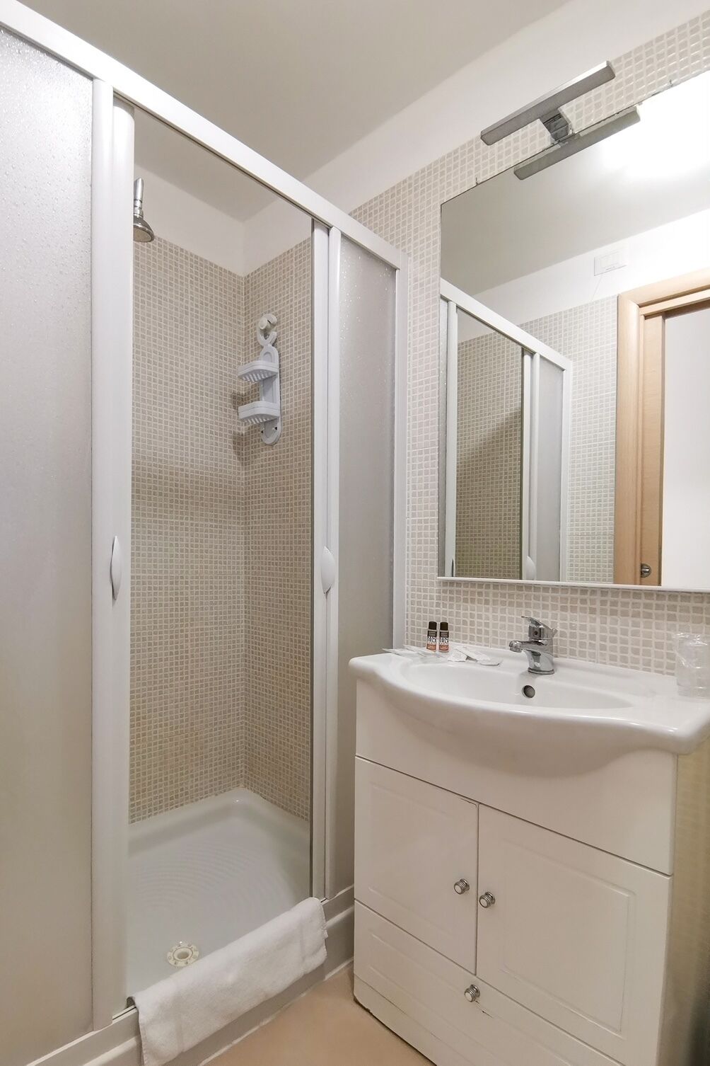 basic twin room | bathroom | shower, free toiletries, hair dryer, towels