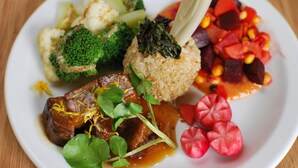 Une assiette de nourriture comprenant divers légumes et un morceau de viande, agrémentée de verdure et d’un élément décoratif.