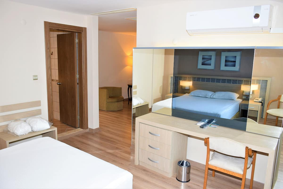 A hotel room with a bed, a desk, a chair, a trash bin, and a mirror.