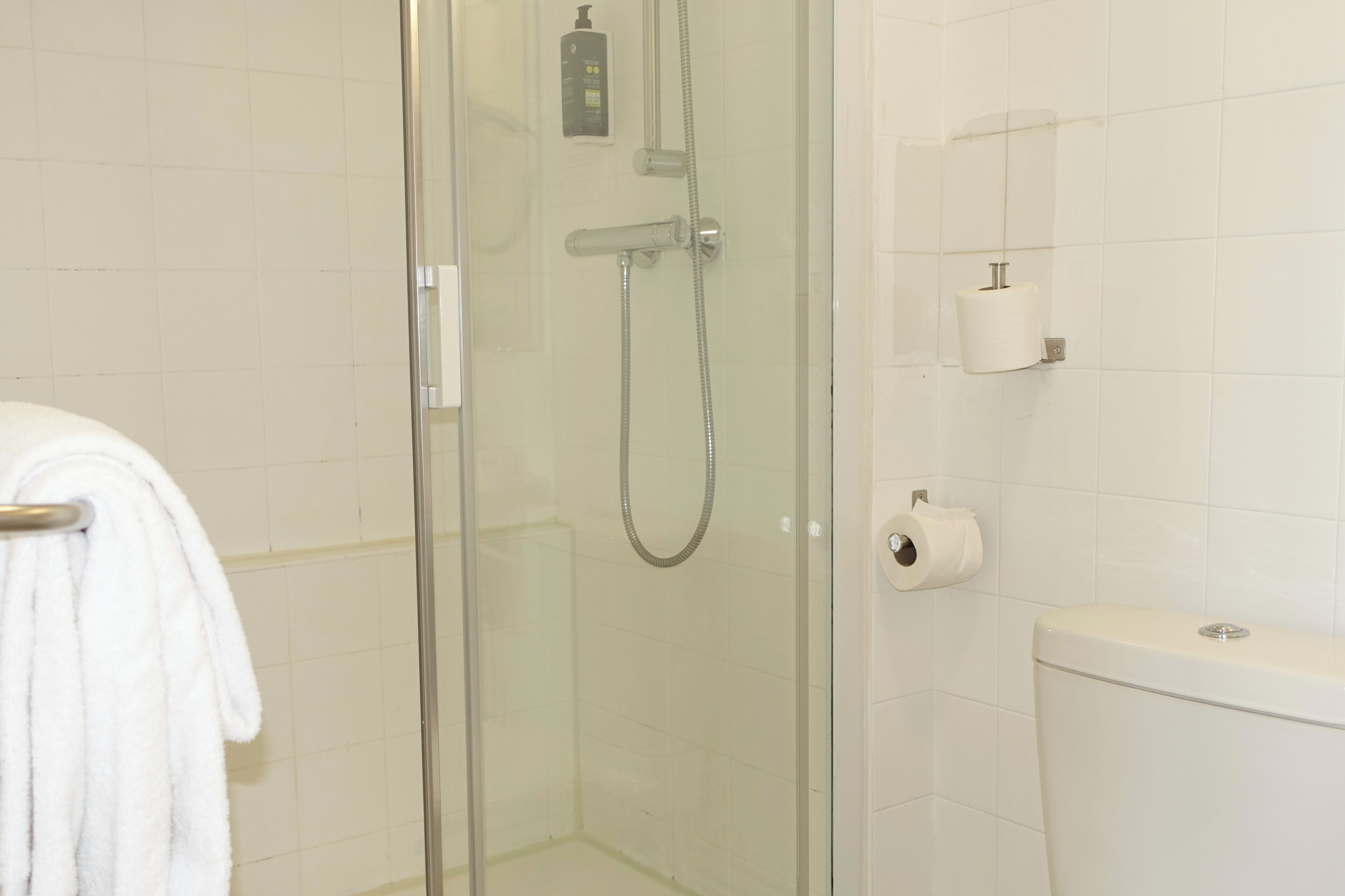 A bathroom with a glass shower enclosure, a toilet, and a towel rack.