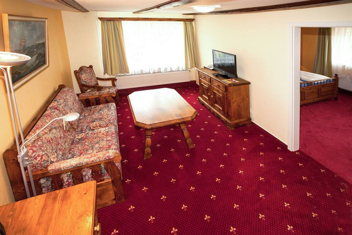 Una sala de estar con alfombra roja, un sofá, una mesa de centro de madera, un televisor y un mueble bajo.