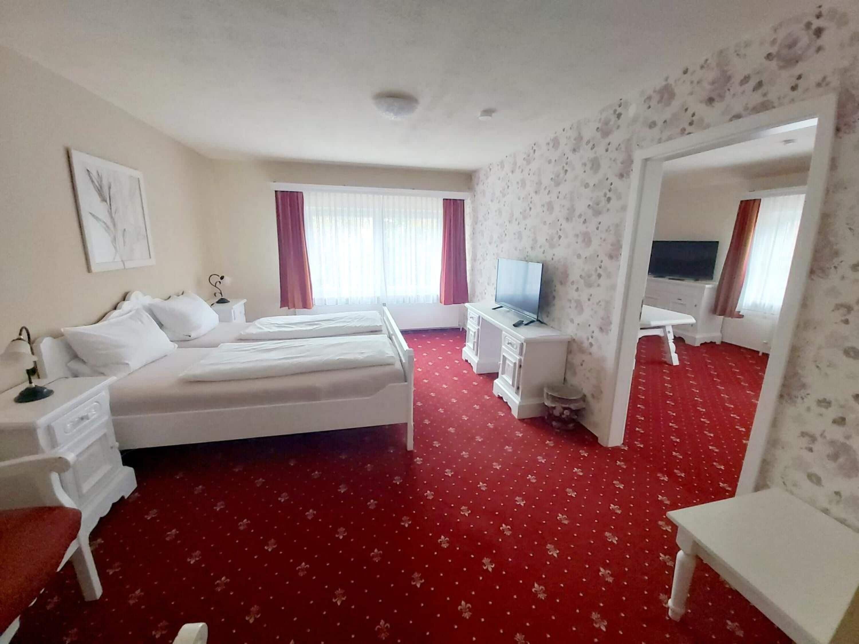 Una camera d'albergo con un letto grande, una televisione, una scrivania e un tappeto rosso.