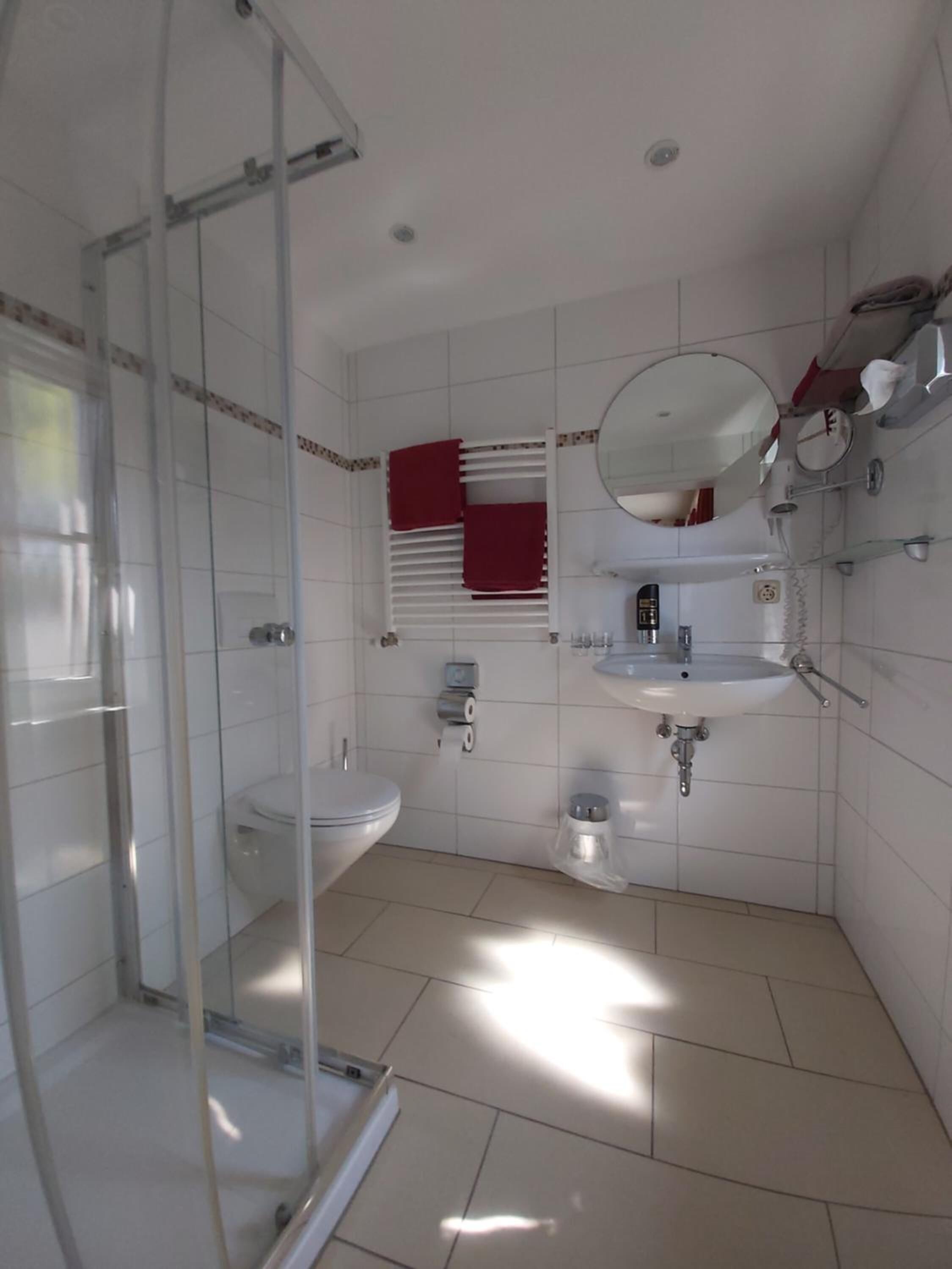 shower, free toiletries, hair dryer, towels