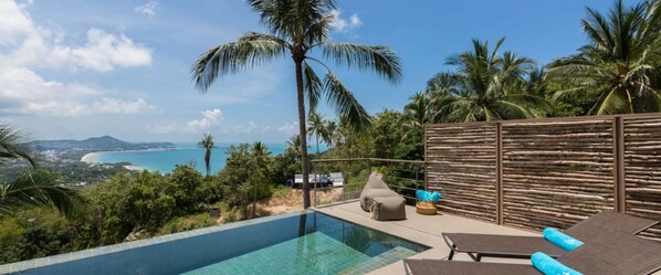 An infinity pool with a view of the ocean and palm trees.