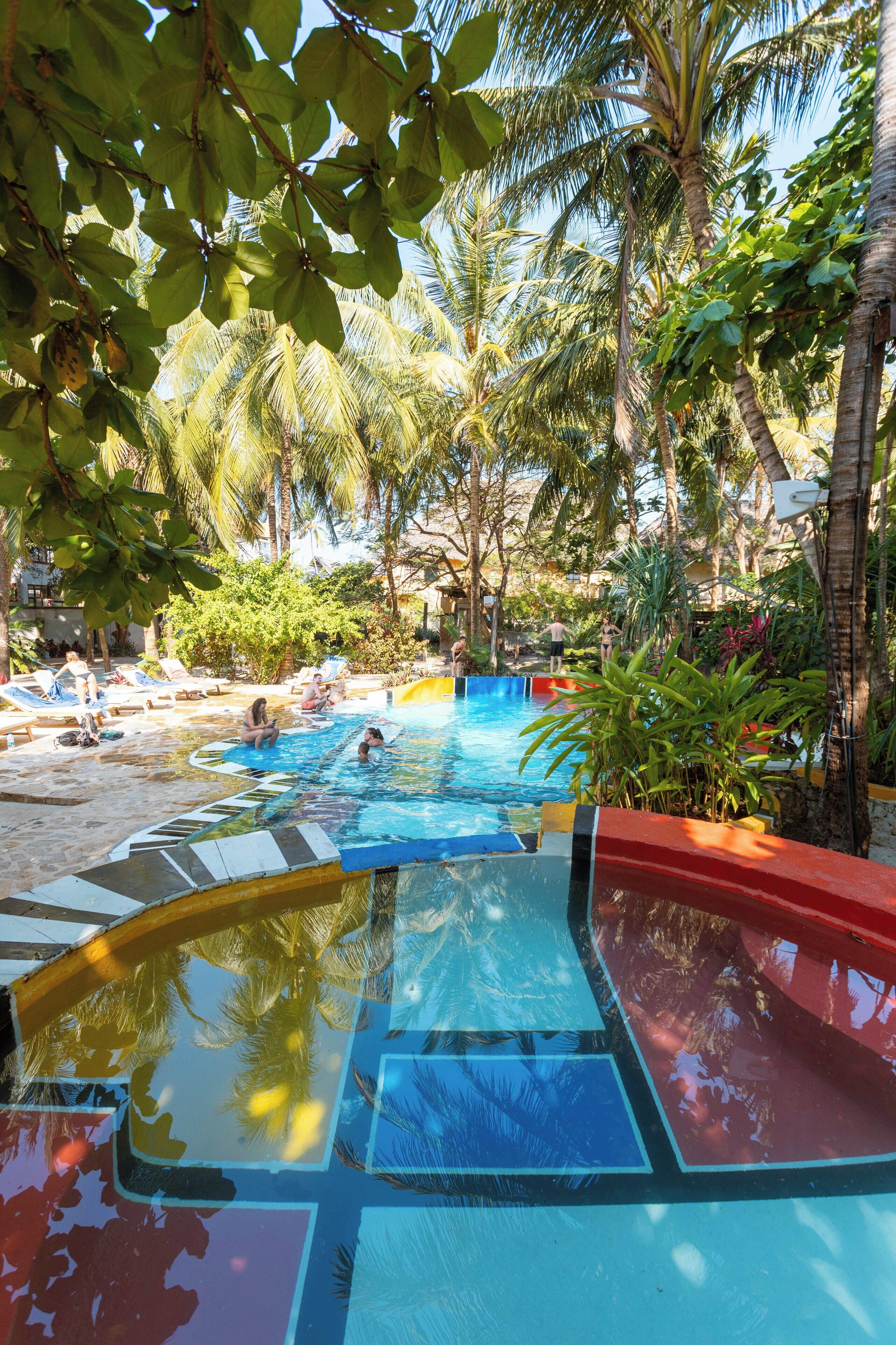 outdoor pool, pool loungers