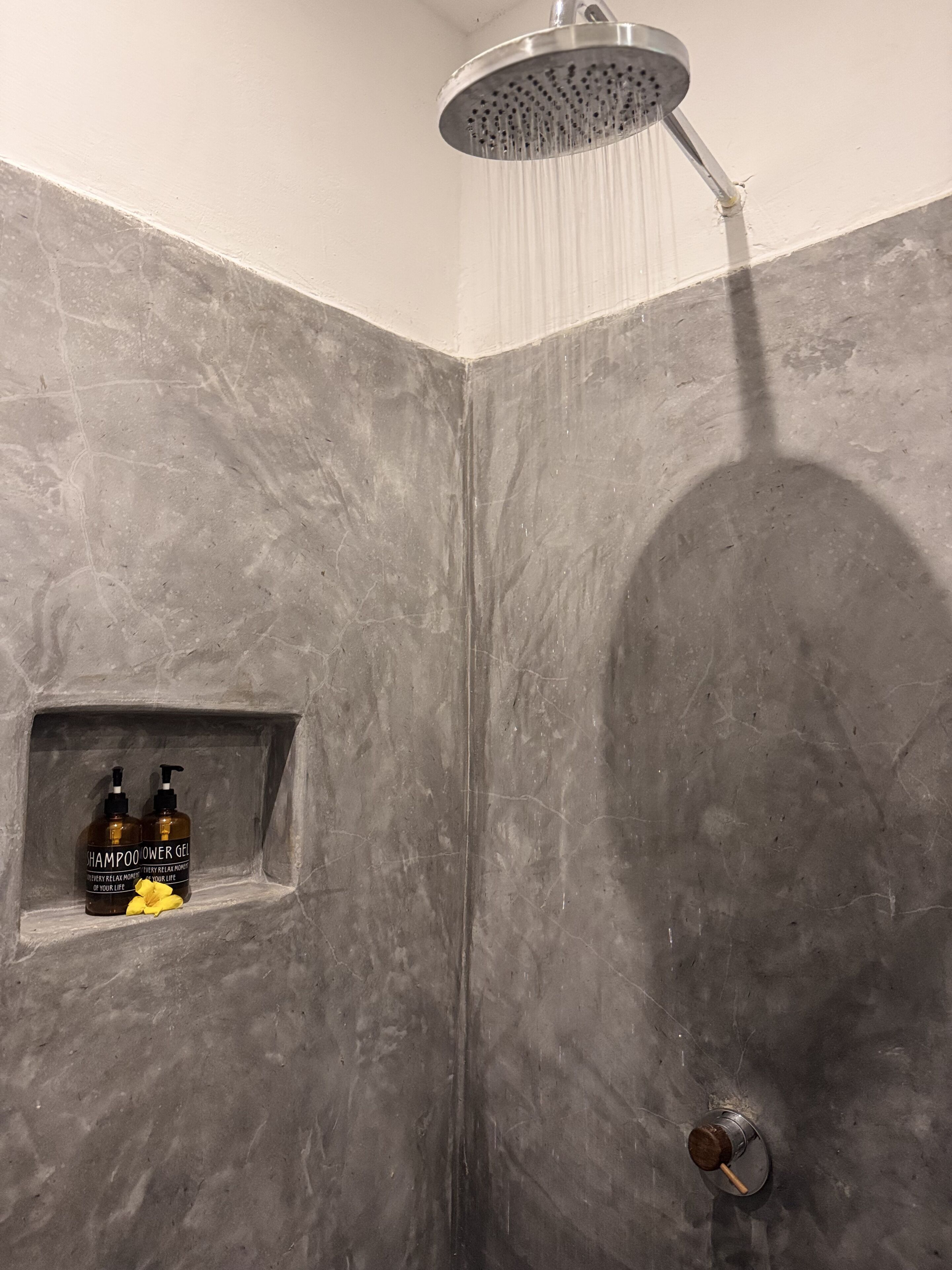 A shower with a rain showerhead, a built-in shelf with shampoo and conditioner bottles, and a towel rack.
