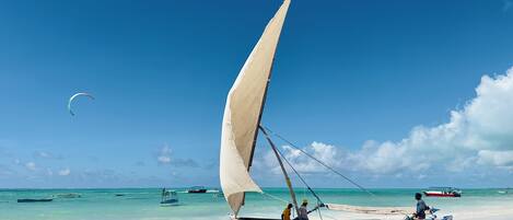 A beach with a sailboat and a parasail.
