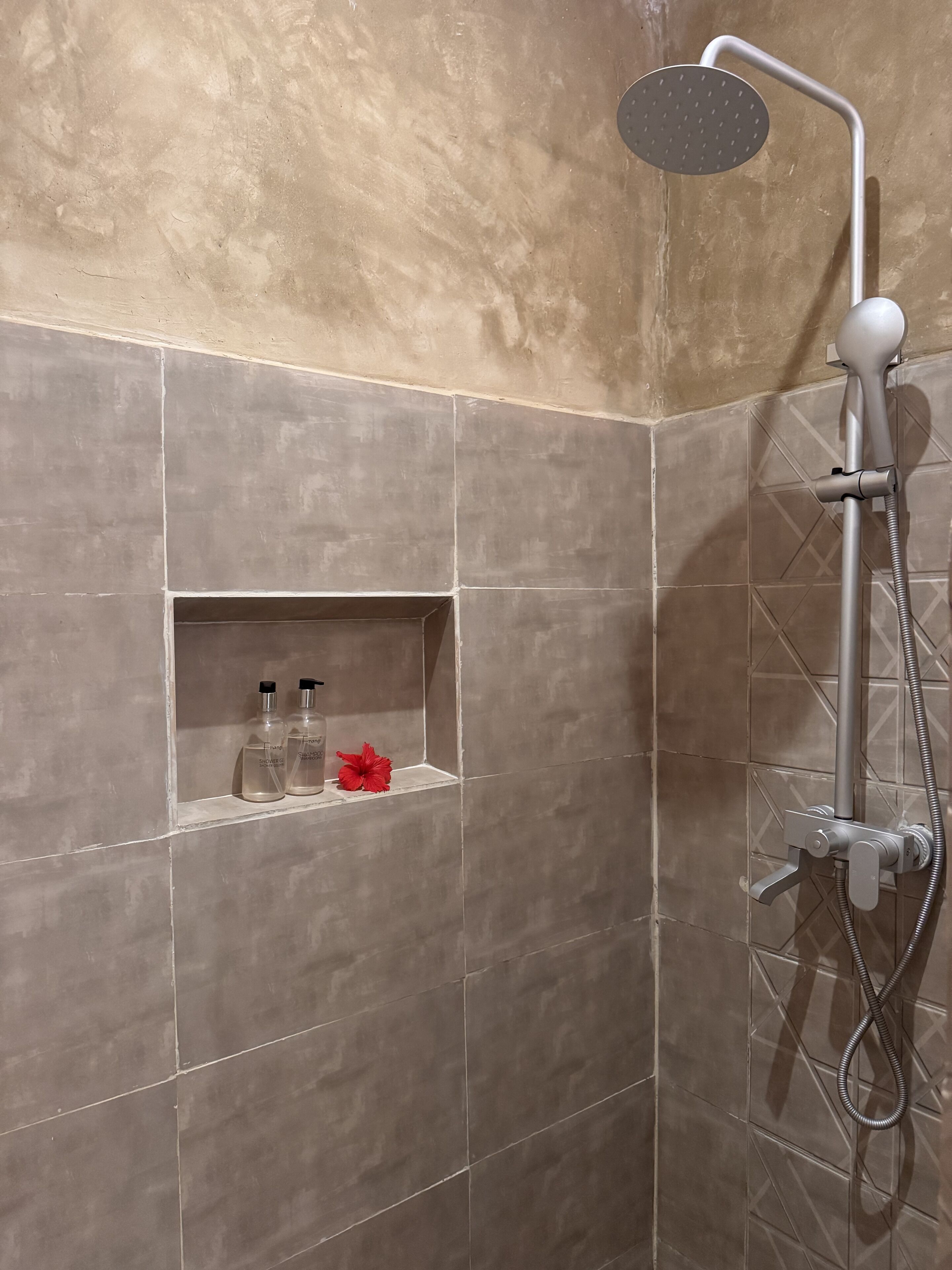 Un espace douche équipé d’un pommeau de douche à main et d’un panneau de commande fixé au mur. On y trouve une étagère avec deux bouteilles et une fleur rouge.