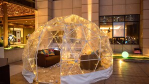 Una estructura de cúpula geodésica transparente con un área de asientos acolchada en el interior, rodeada por un suelo de baldosas.