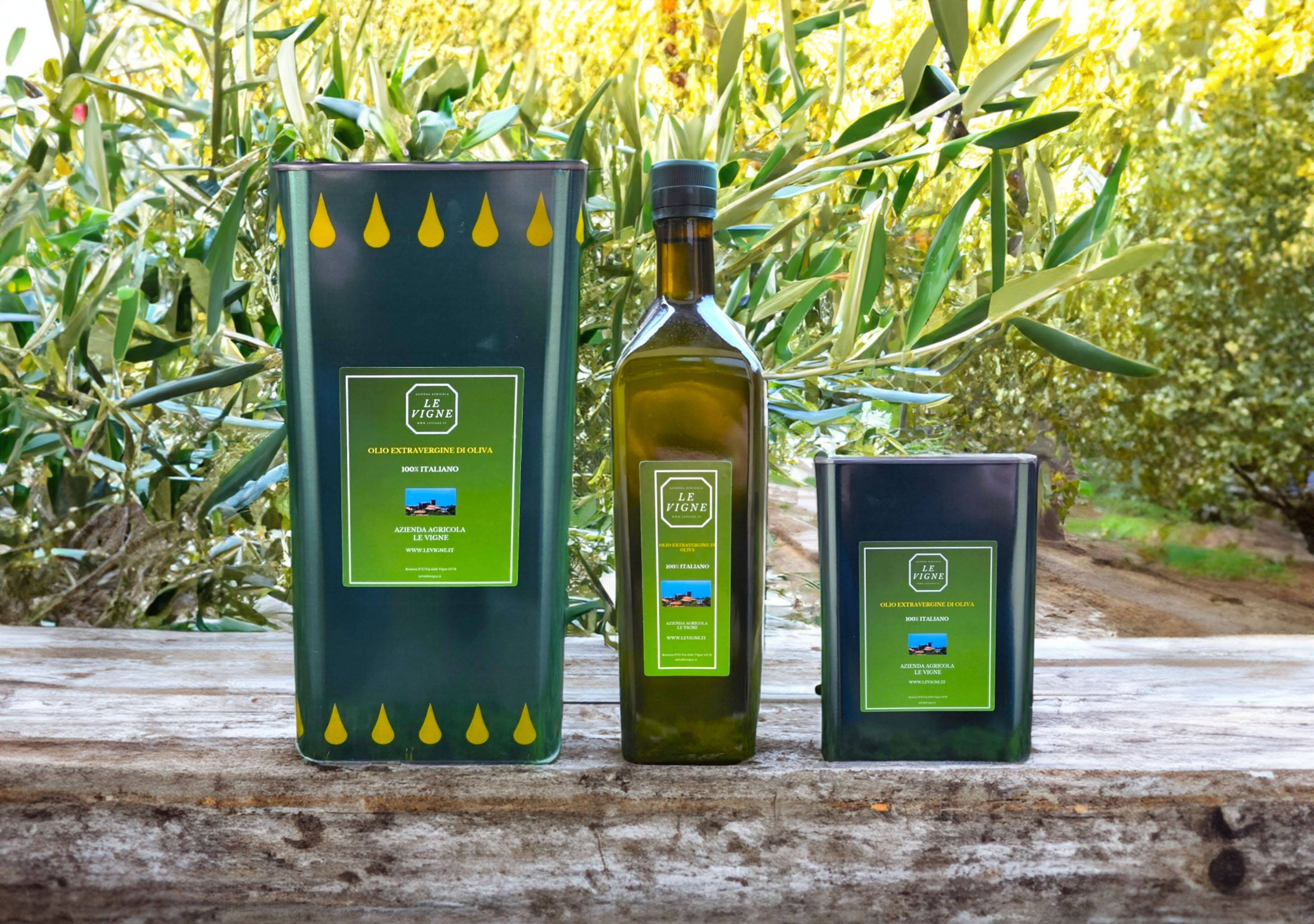Three containers of olive oil with labels, placed on a wooden surface with a garden background.