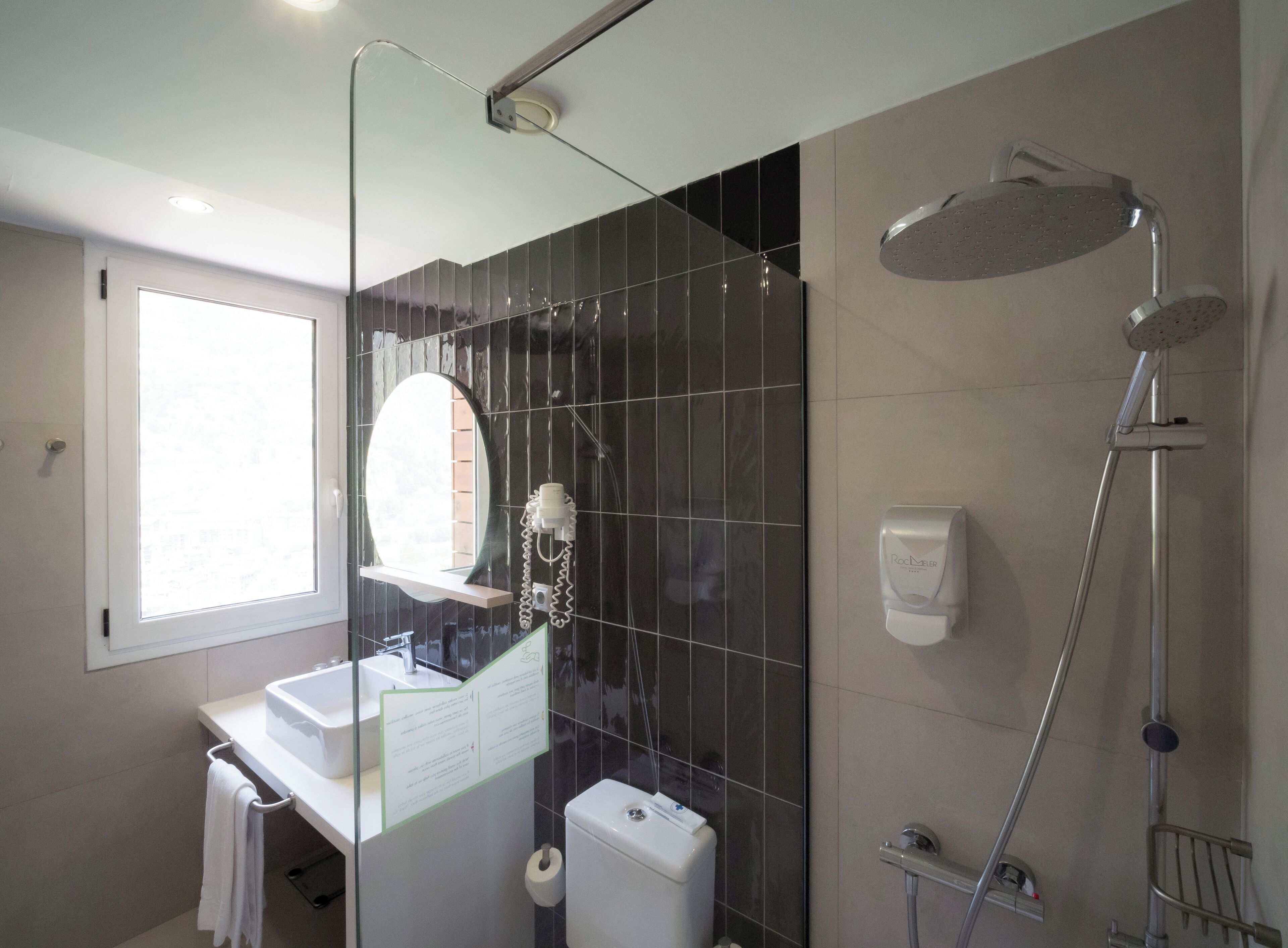 A modern bathroom with a glass shower enclosure, a toilet, a sink, and a mirror.