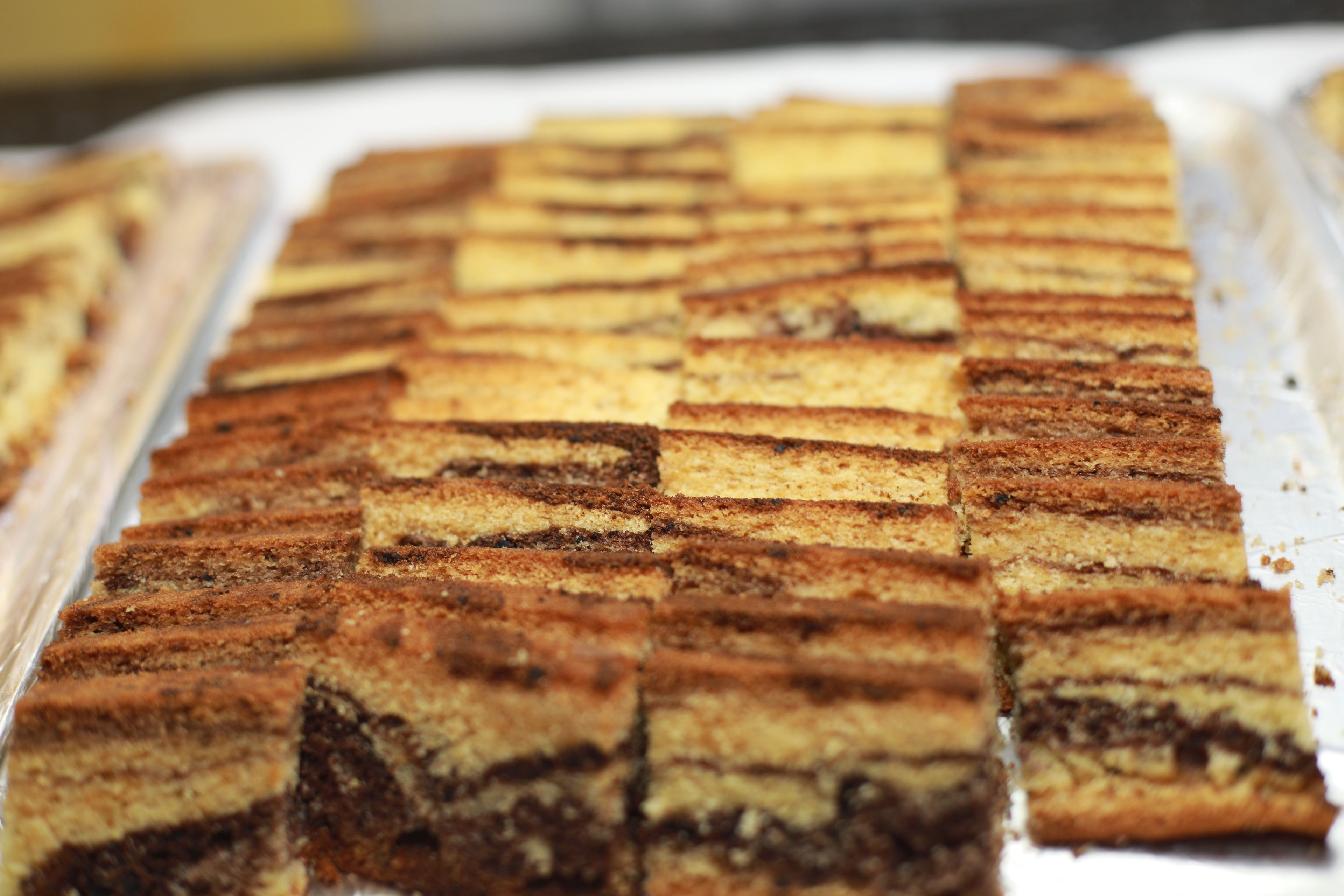 A tray of neatly arranged rectangular cake pieces.