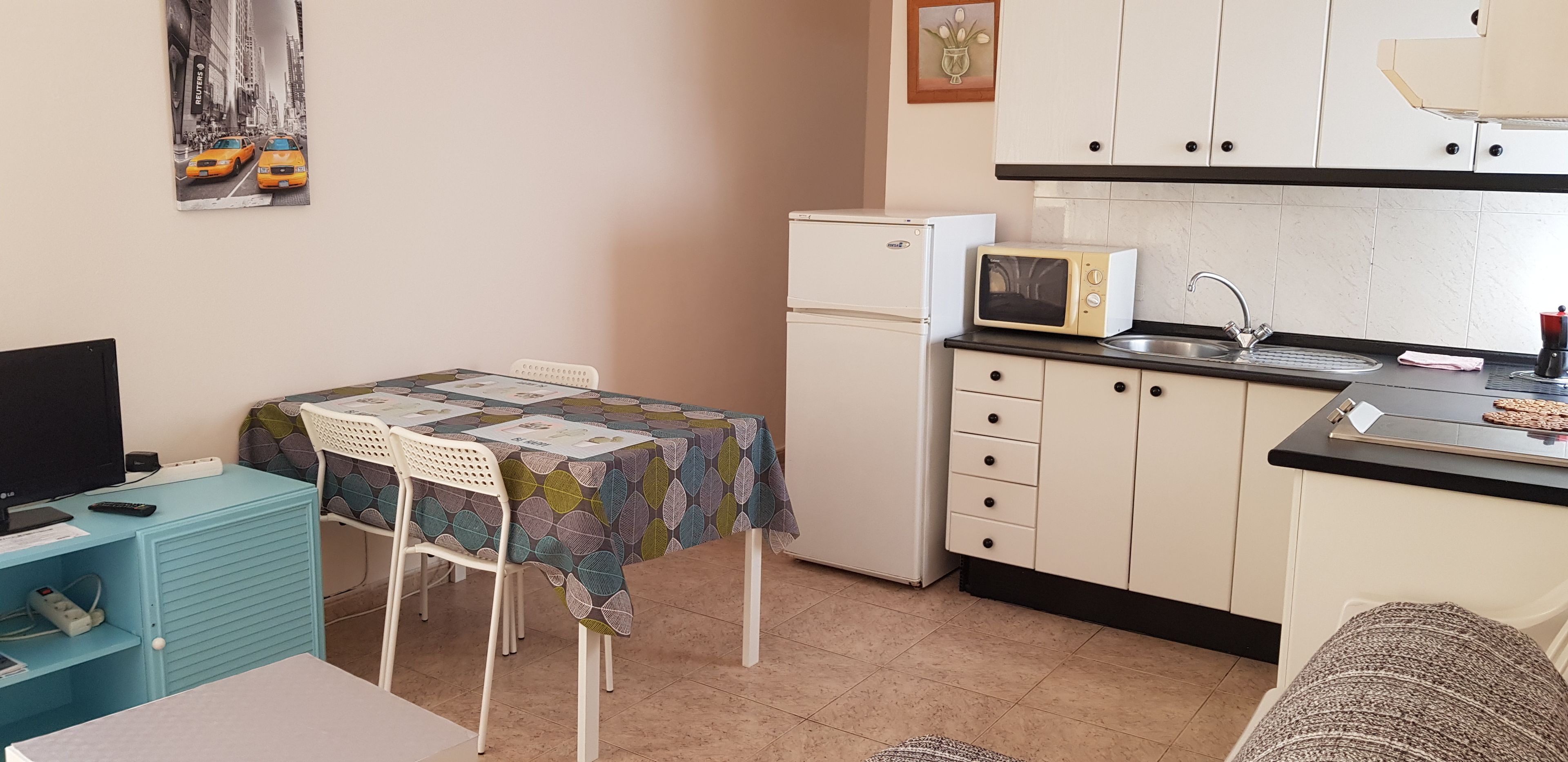 A compact kitchen with a refrigerator, microwave, and sink. There's a dining table with chairs and a small TV on a stand.