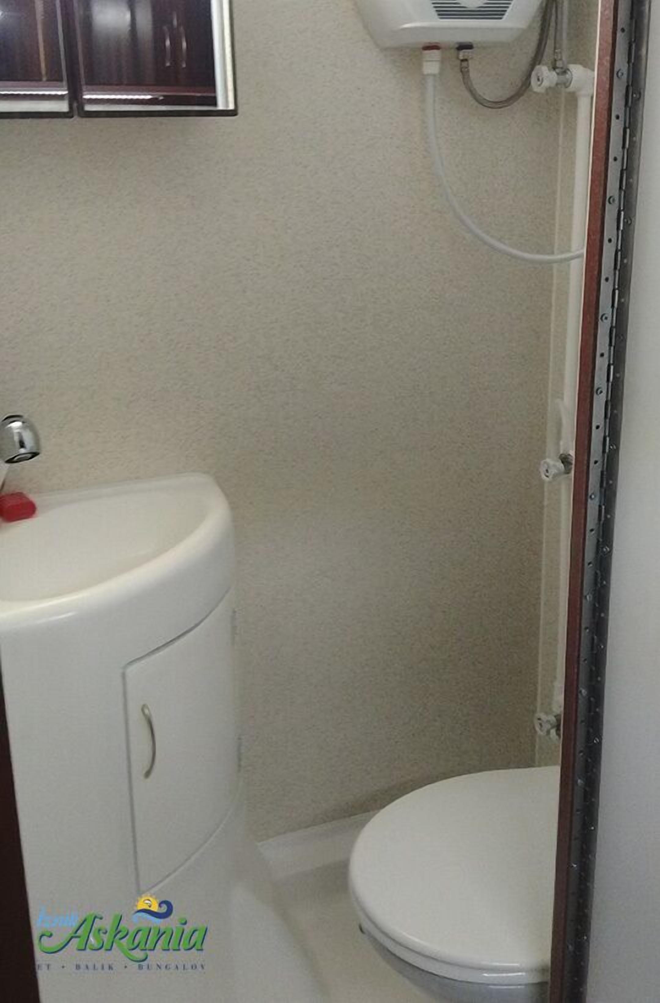 Uma casa de banho pequena com lavatório branco, sanita e zona de duche.