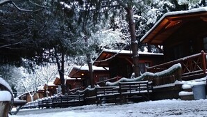 Een met sneeuw bedekte houten lodge met meerdere huisjes, een houten terras en een sneeuwpad.