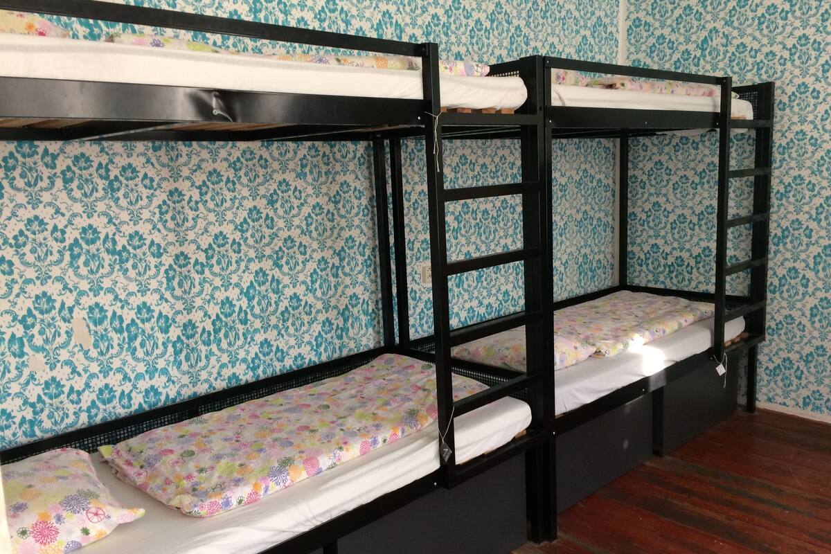 Une chambre avec des lits superposés, dotée d’un papier peint à motifs floraux et d’un plancher en bois.