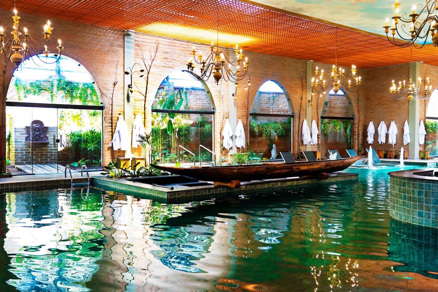 indoor pool, outdoor pool, open 9:00 am to 8:00 pm, pool loungers